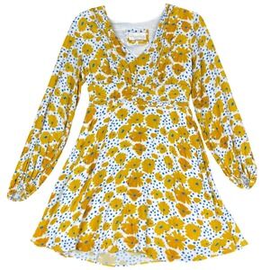 Uma‎ for Anthropologie Floral Polka Dot Mini Dress Yellow Blue V-Neck Small